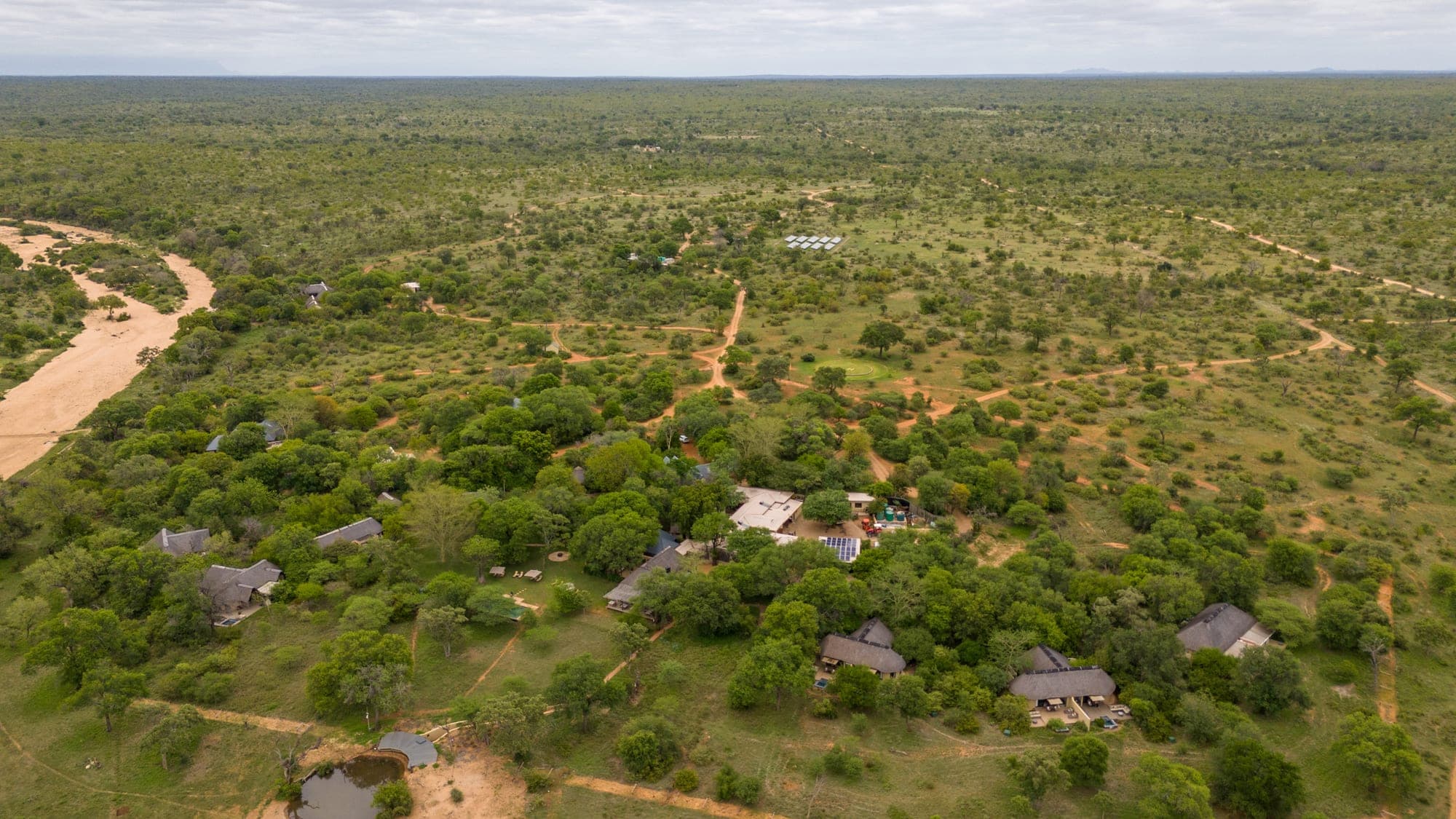 An aerial view of Kings Camp set in the Timbavati bushveld.